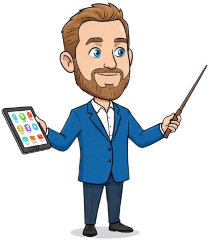 Professional communication coach pointing to credentials